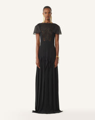 Robe À Plastron Brodé En Georgette De Soie Black | Lanvin Women