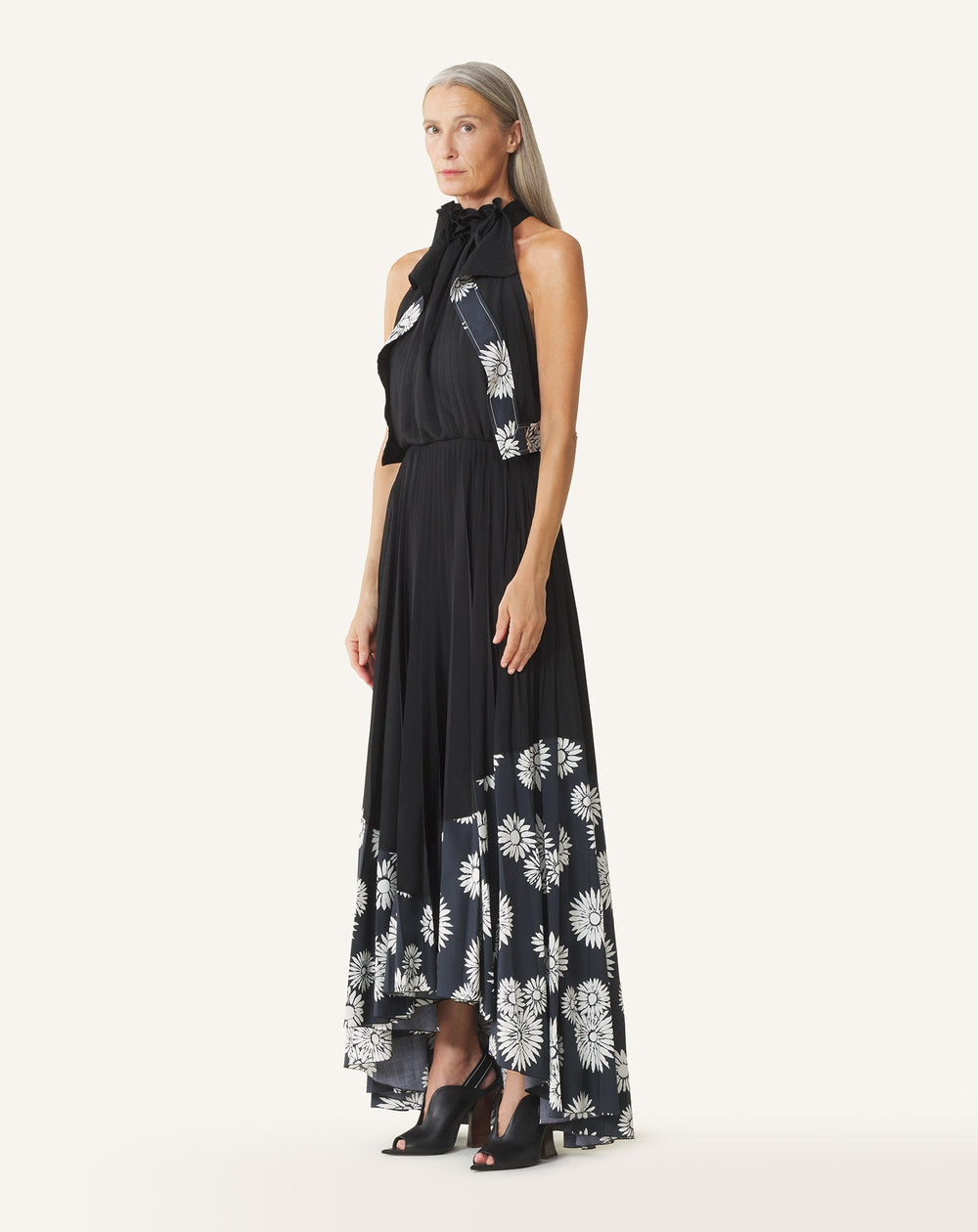 Robe Plissée En Charmeuse Et Coton Imprimé Black | Lanvin Women