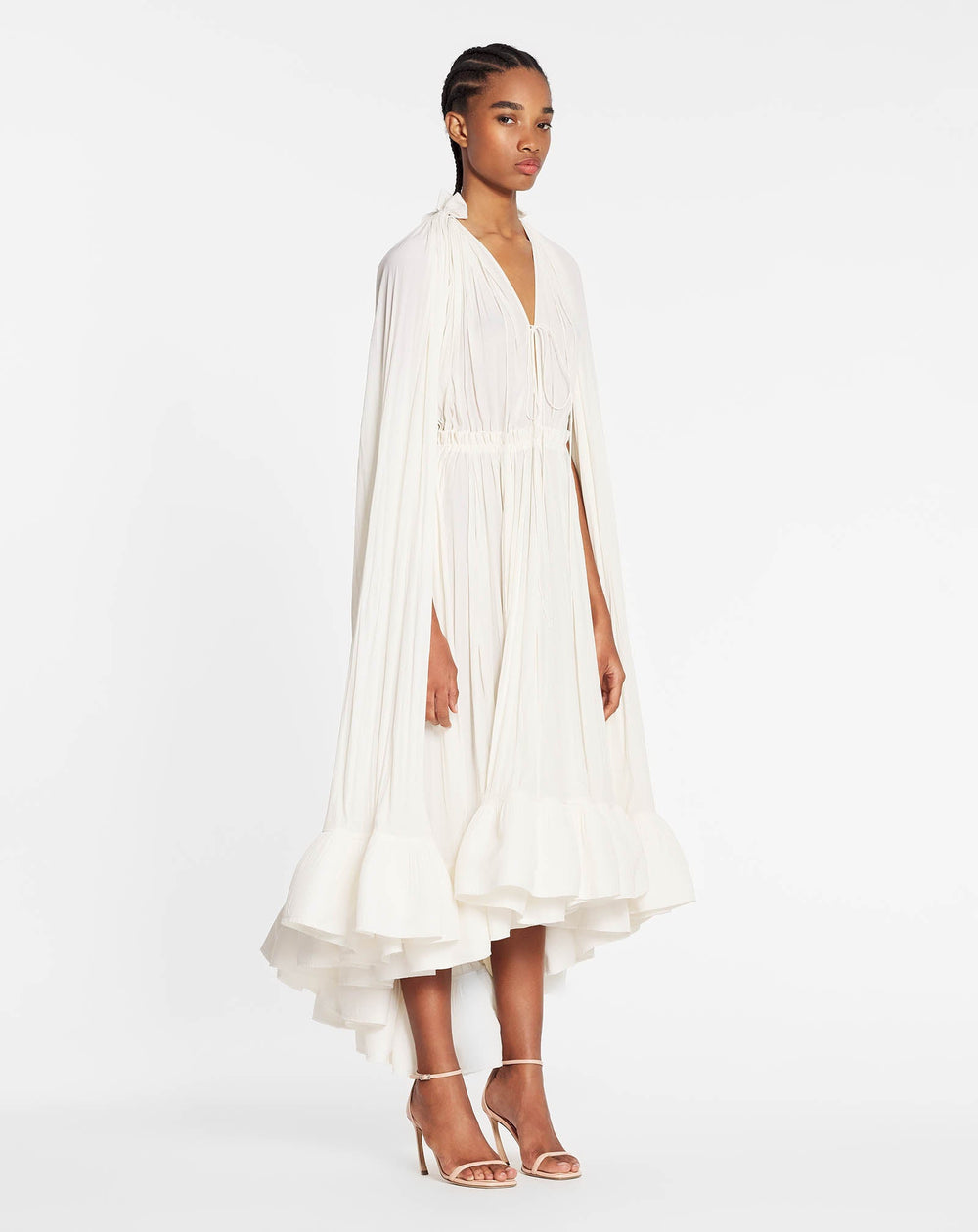 White Long Charmeuse Ruffle Dress | Lanvin Women