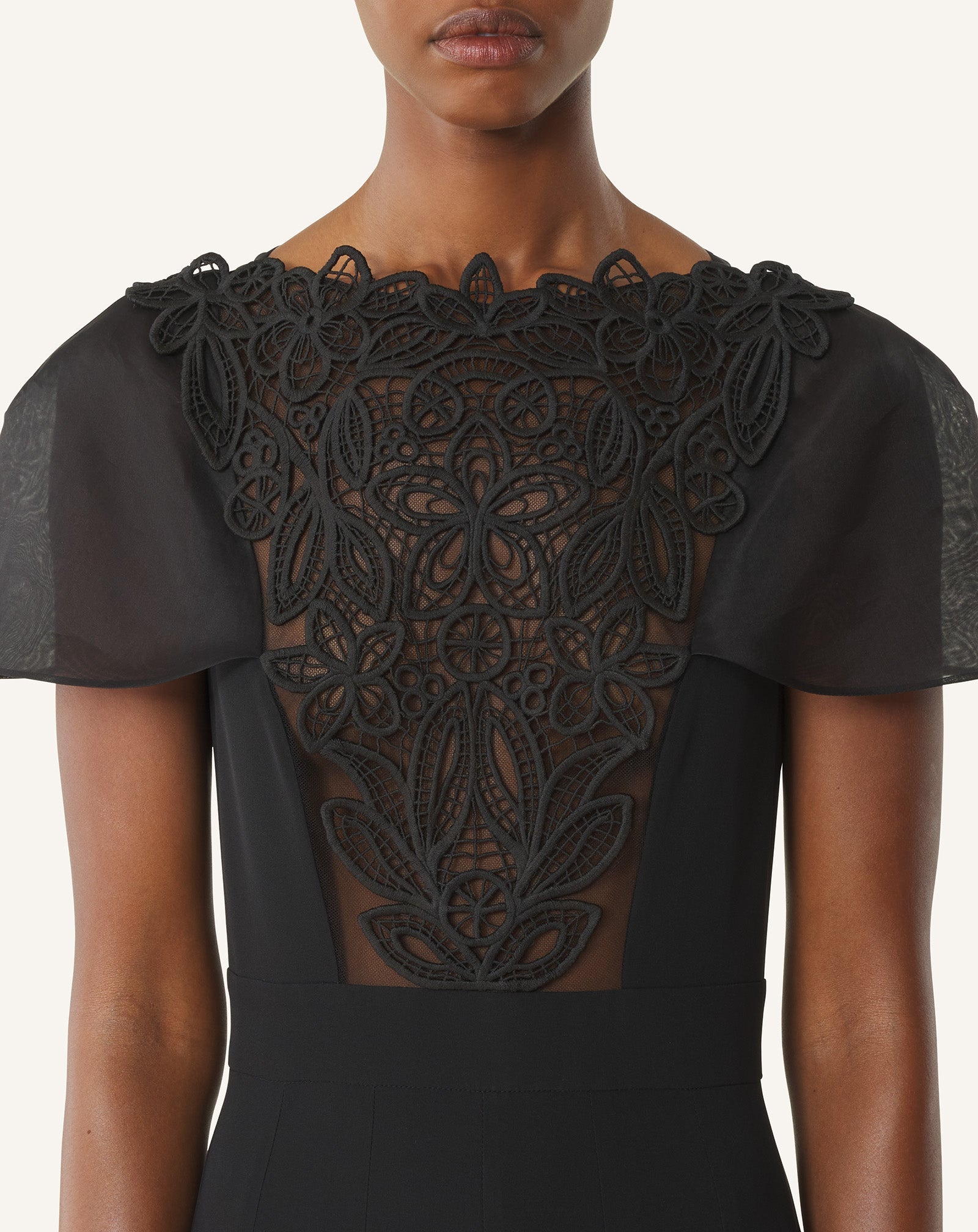 Robe À Plastron Brodé En Georgette De Soie Black | Lanvin Women